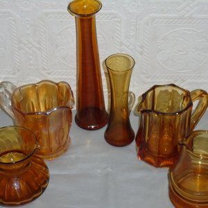 VINTAGE MINIATURE, AMBER GLASS, LOT, PITCHER/DECANTER & VASE, USED NICELY STORED